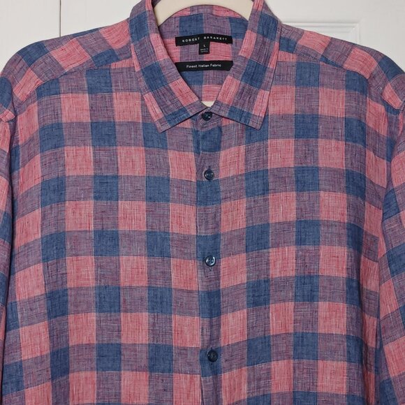 Robert Barakett Mens Longsleeve Plaid Linen‎ Button-Up Shirt Blue/Salmon L - Picture 2 of 13